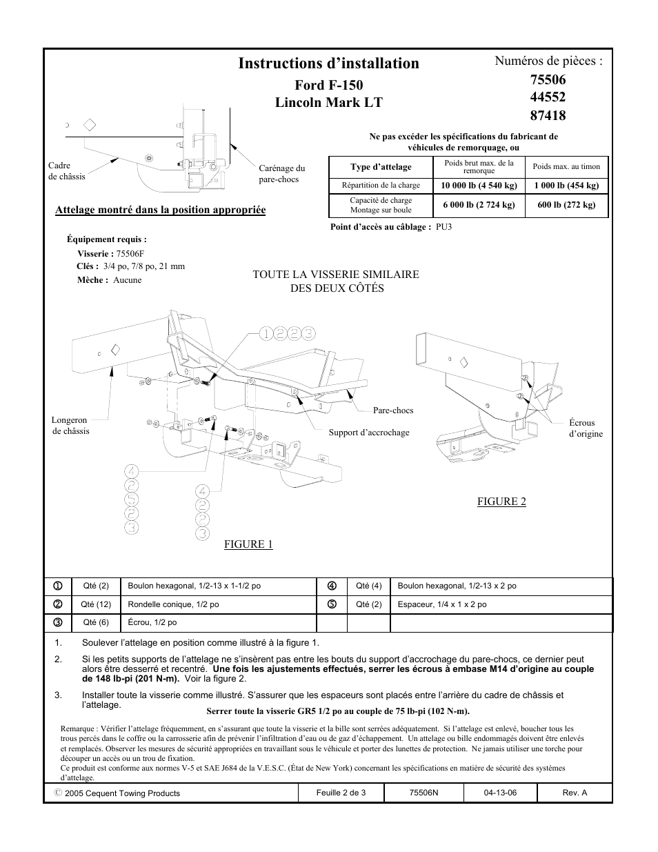 Instructions d’installation, Ford f-150 lincoln mark lt, Numéros de pièces | Reese 44552 PROFESSIONAL RECEIVER User Manual | Page 2 / 3