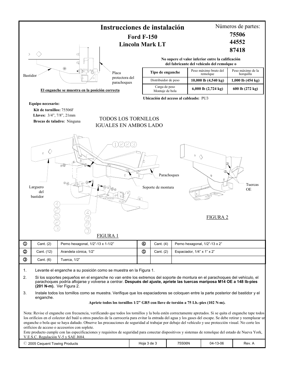 Instrucciones de instalación, Ford f-150 lincoln mark lt, Números de partes | Reese 44552 PROFESSIONAL RECEIVER User Manual | Page 3 / 3