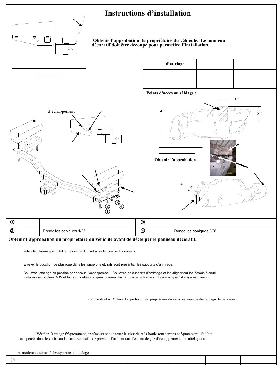 Instructions d’installation, Numéros de pièces, Échappement non illustré | Attelage montré dans la position appropriée | Reese 44633 PROFESSIONAL RECEIVER User Manual | Page 2 / 3