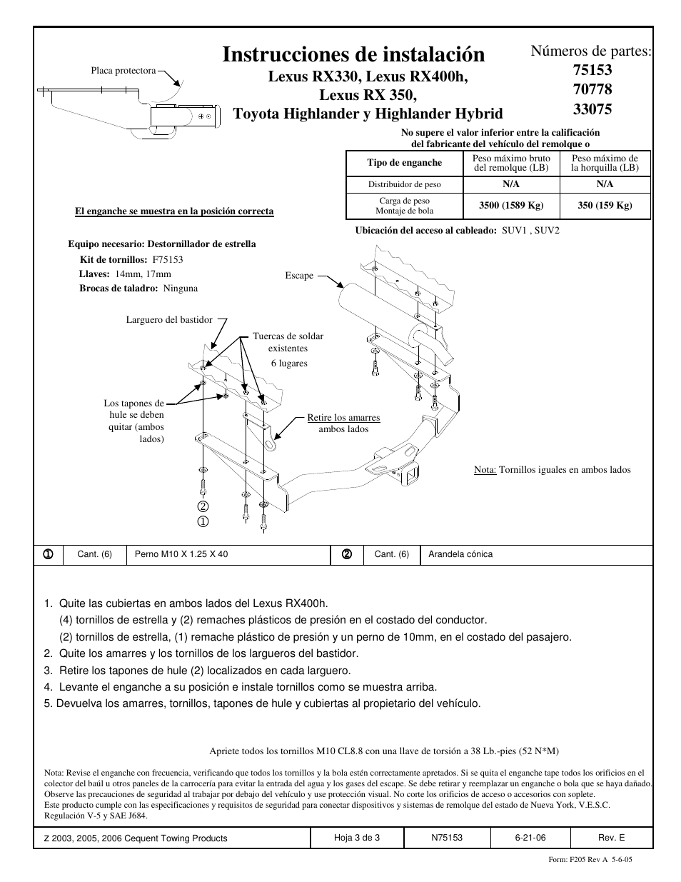 Instrucciones de instalación | Reese 33075 PROFESSIONAL RECEIVER User Manual | Page 3 / 3