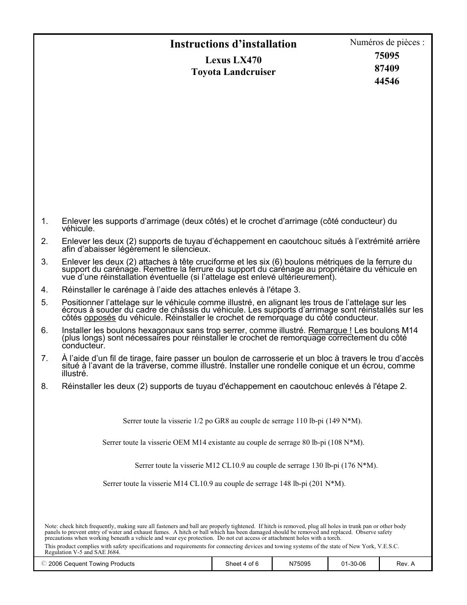 Instructions d’installation, Lexus lx470 toyota landcruiser | Reese 44546 PROFESSIONAL RECEIVER User Manual | Page 4 / 6