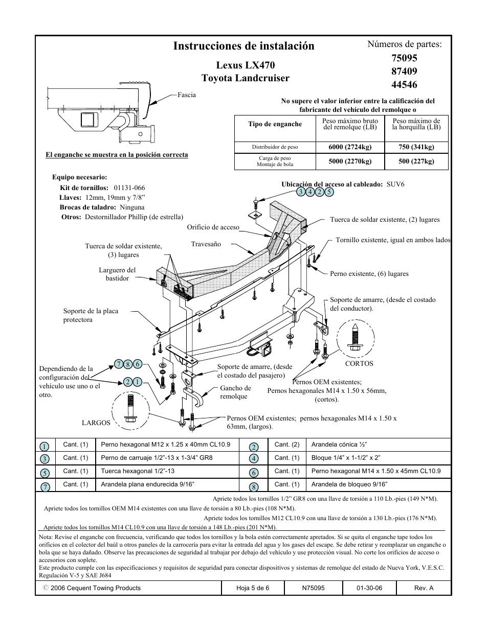 Instrucciones de instalación, Lexus lx470 toyota landcruiser, Números de partes | Reese 44546 PROFESSIONAL RECEIVER User Manual | Page 5 / 6