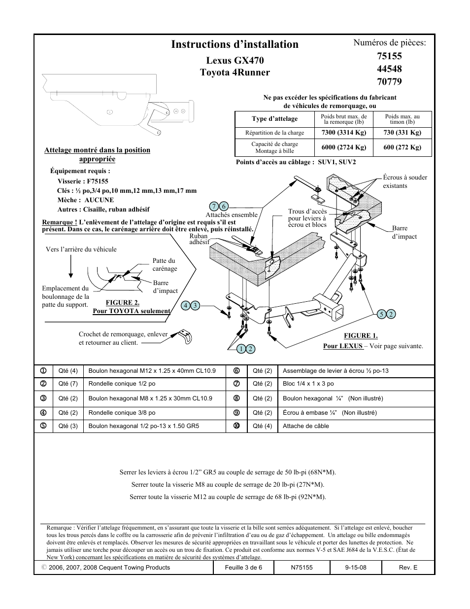 Instructions d’installation, Lexus gx470 toyota 4runner, Numéros de pièces | Reese 44548 PROFESSIONAL RECEIVER User Manual | Page 3 / 6
