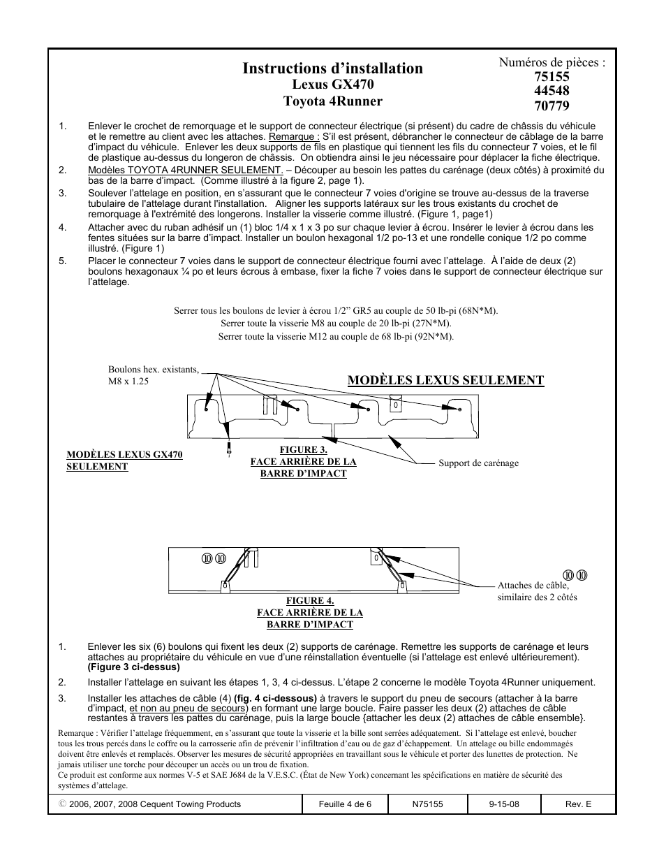 Instructions d’installation, Lexus gx470 toyota 4runner | Reese 44548 PROFESSIONAL RECEIVER User Manual | Page 4 / 6