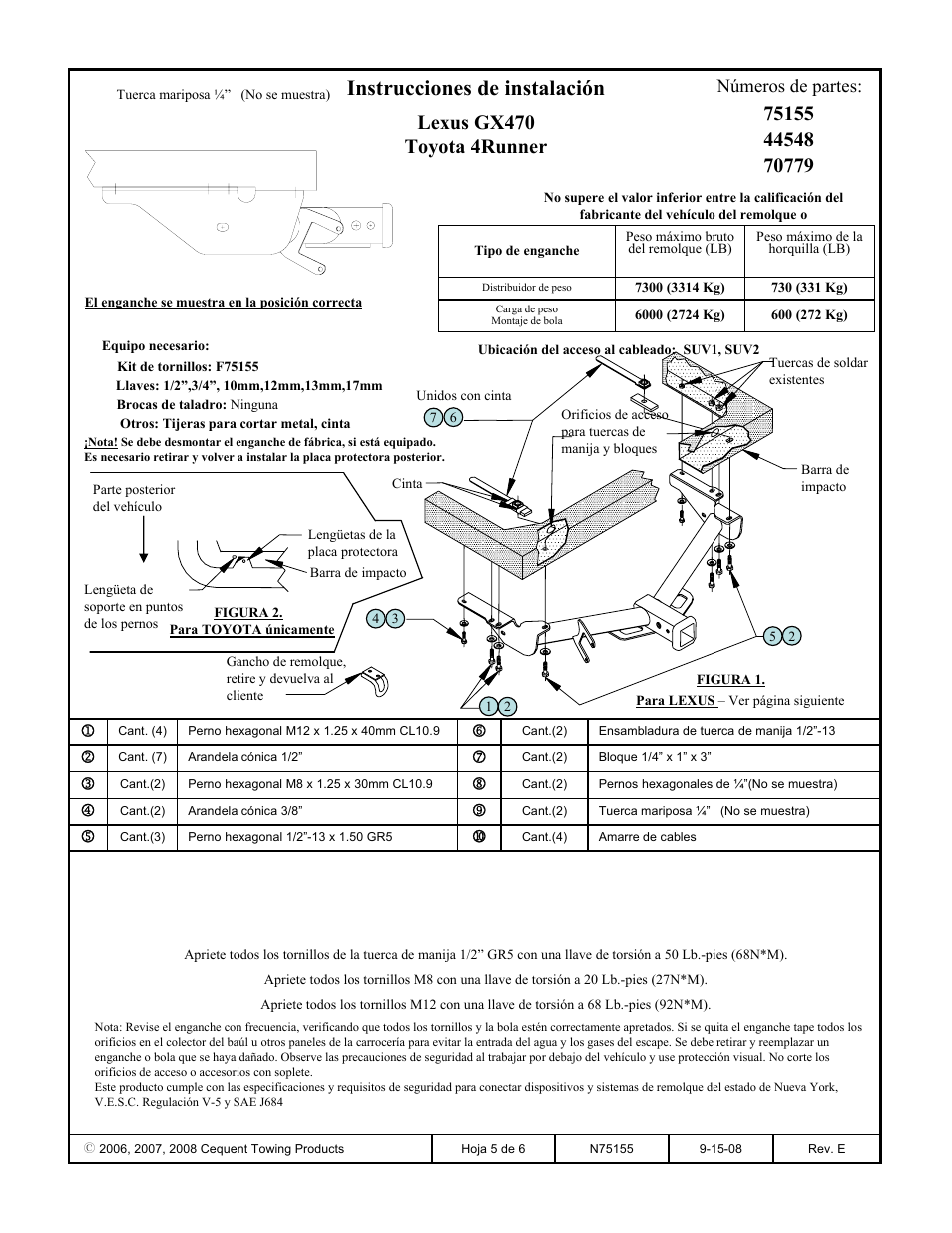 Instrucciones de instalación, Lexus gx470 toyota 4runner, Números de partes | Reese 44548 PROFESSIONAL RECEIVER User Manual | Page 5 / 6