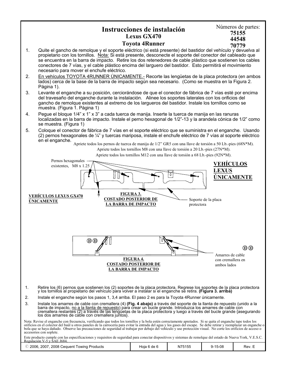 Instrucciones de instalación, Lexus gx470 toyota 4runner | Reese 44548 PROFESSIONAL RECEIVER User Manual | Page 6 / 6