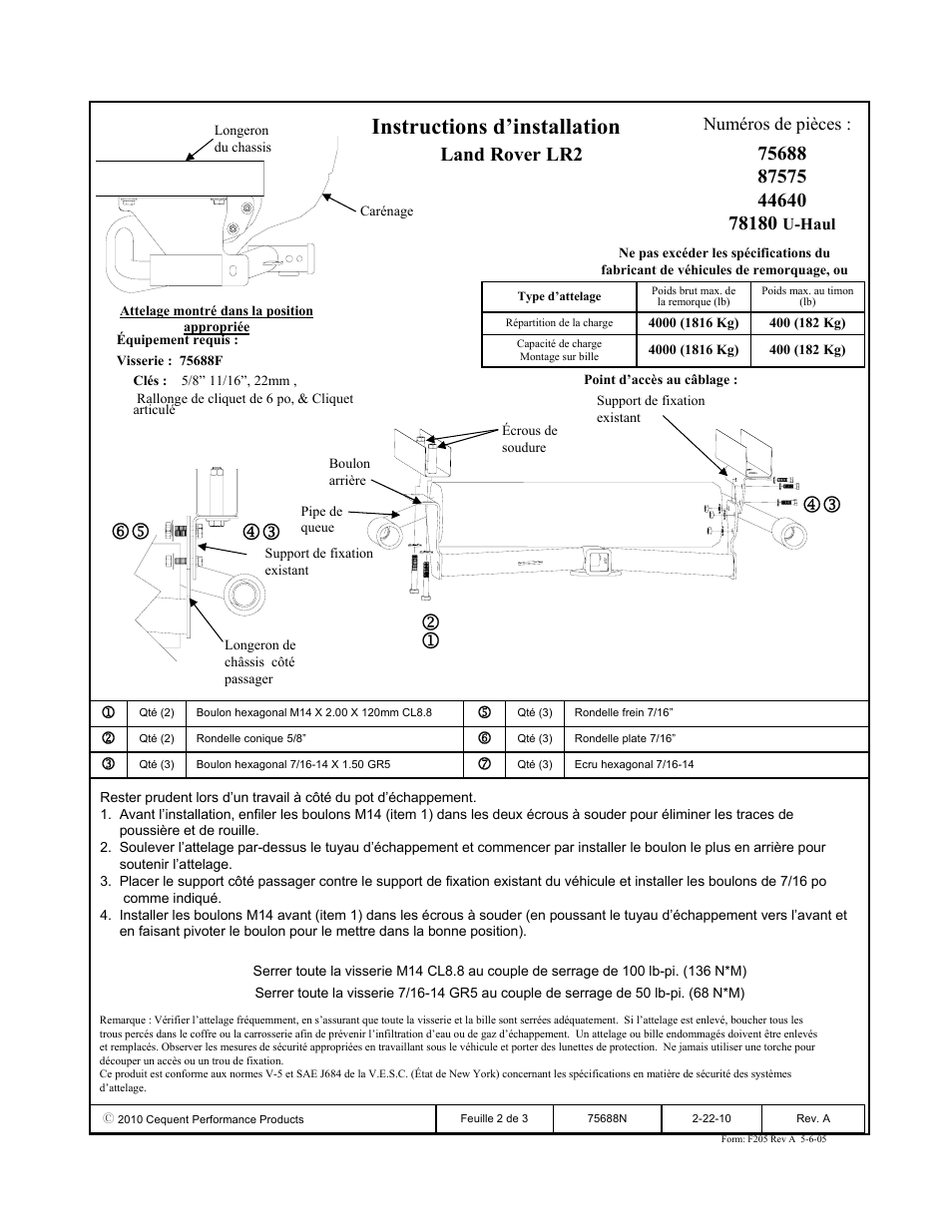 Instructions d’installation, Land rover lr2, Numéros de pièces | Reese 44640 PROFESSIONAL RECEIVER User Manual | Page 2 / 3