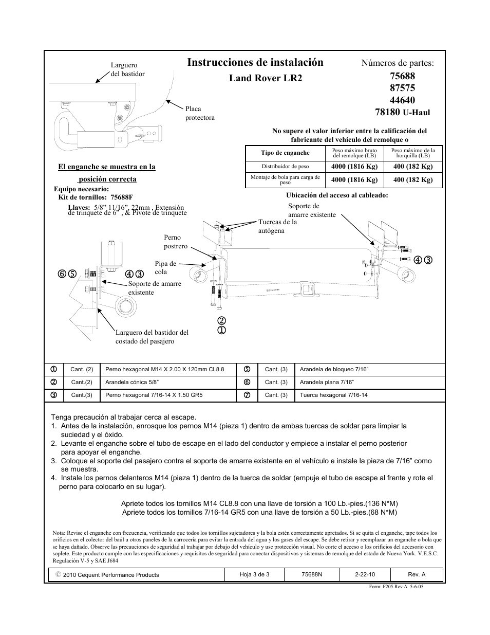 Instrucciones de instalación, Land rover lr2, Números de partes | Reese 44640 PROFESSIONAL RECEIVER User Manual | Page 3 / 3