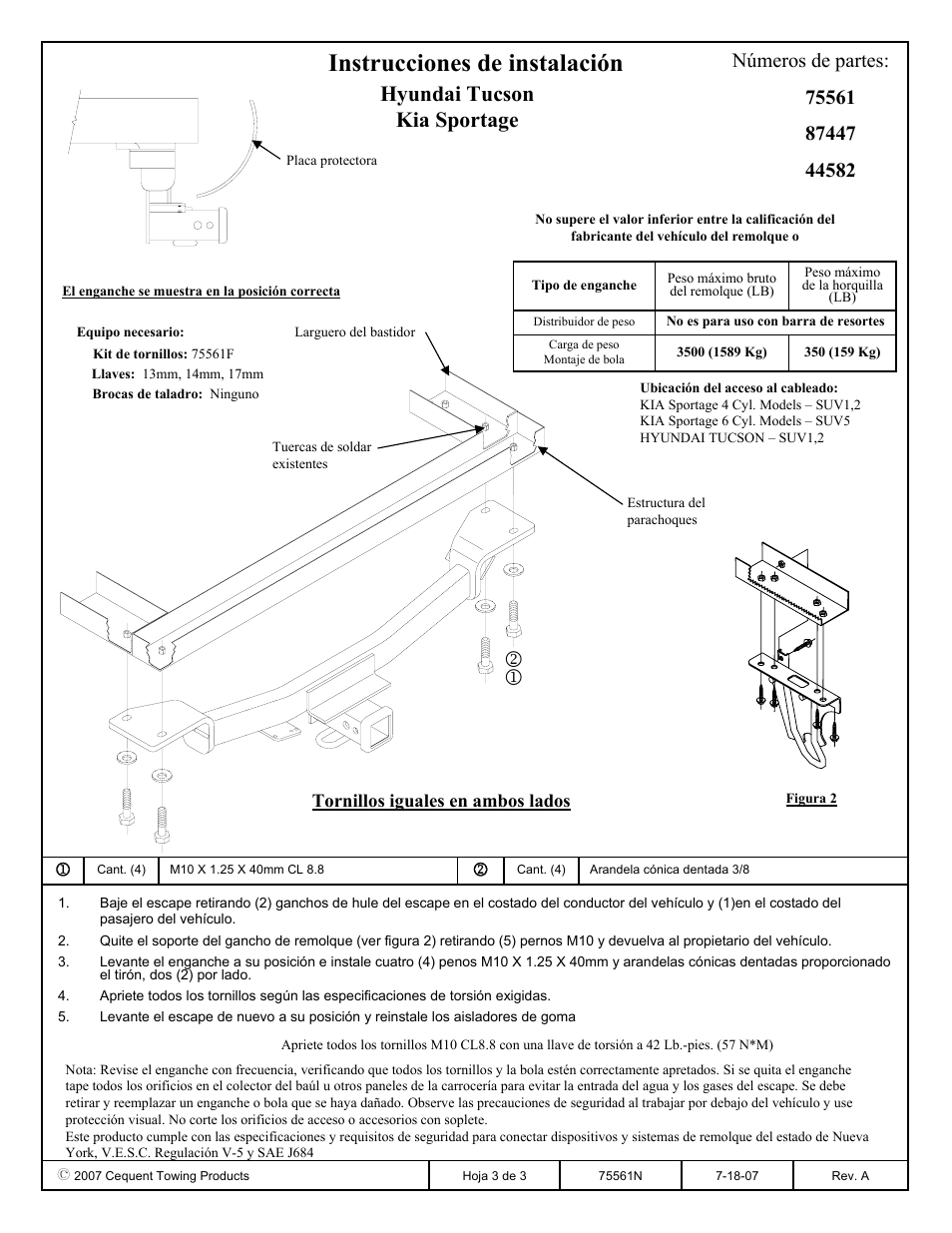 Instrucciones de instalación, Hyundai tucson kia sportage, Números de partes | Reese 44582 PROFESSIONAL RECEIVER User Manual | Page 3 / 3