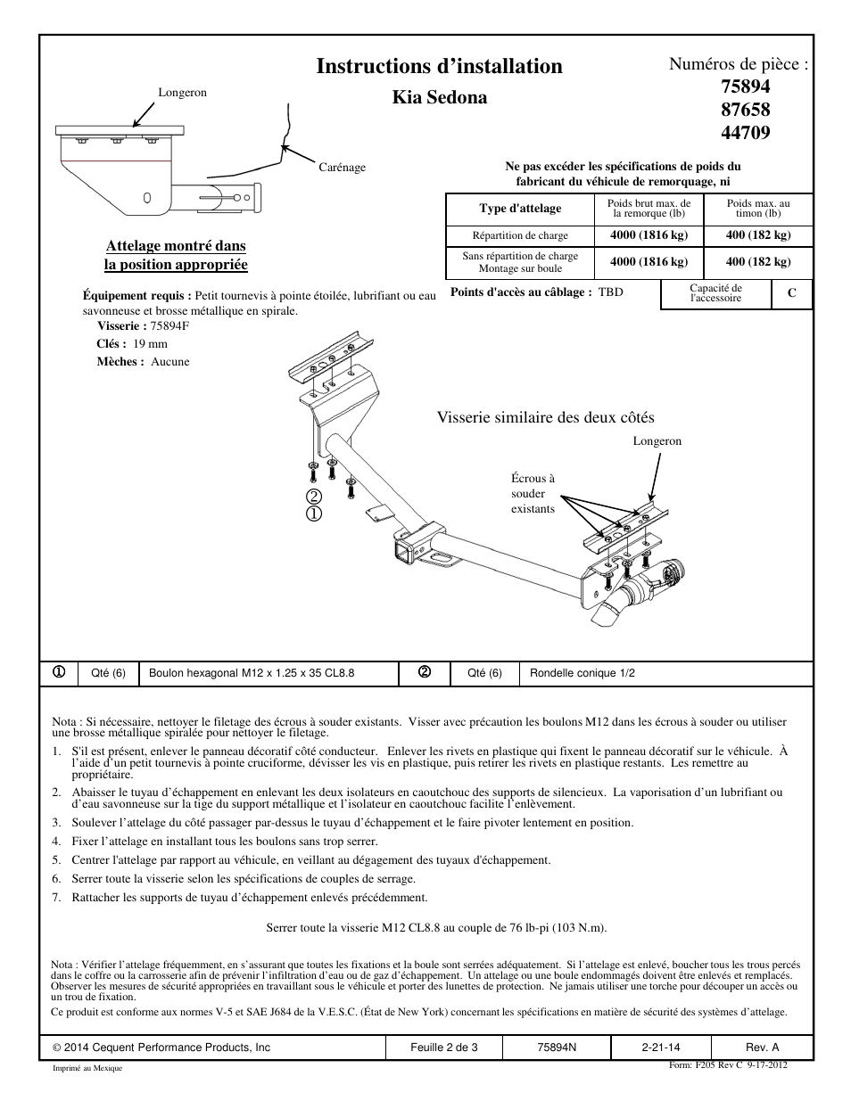 Instructions d’installation, Kia sedona, Numéros de pièce | Reese 44709 PROFESSIONAL RECEIVER User Manual | Page 2 / 3