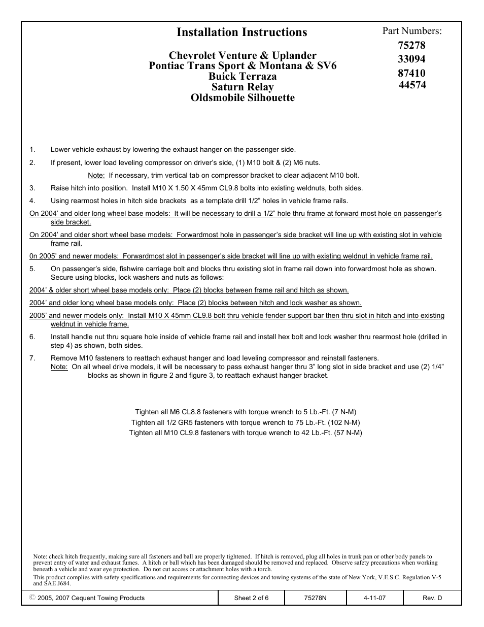 Installation instructions, Part numbers | Reese 33094 PROFESSIONAL RECEIVER User Manual | Page 2 / 6