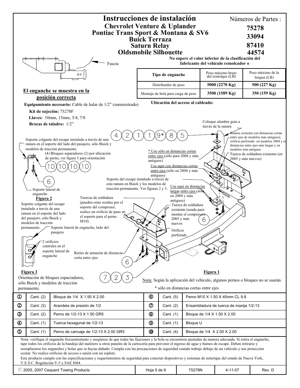 Instrucciones de instalación, Números de partes | Reese 33094 PROFESSIONAL RECEIVER User Manual | Page 5 / 6