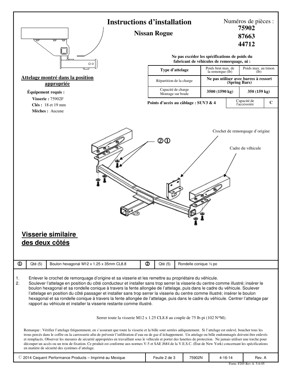 Instructions d’installation, Visserie similaire des deux côtés, Nissan rogue | Numéros de pièces | Reese 44712 PROFESSIONAL RECEIVER User Manual | Page 2 / 3