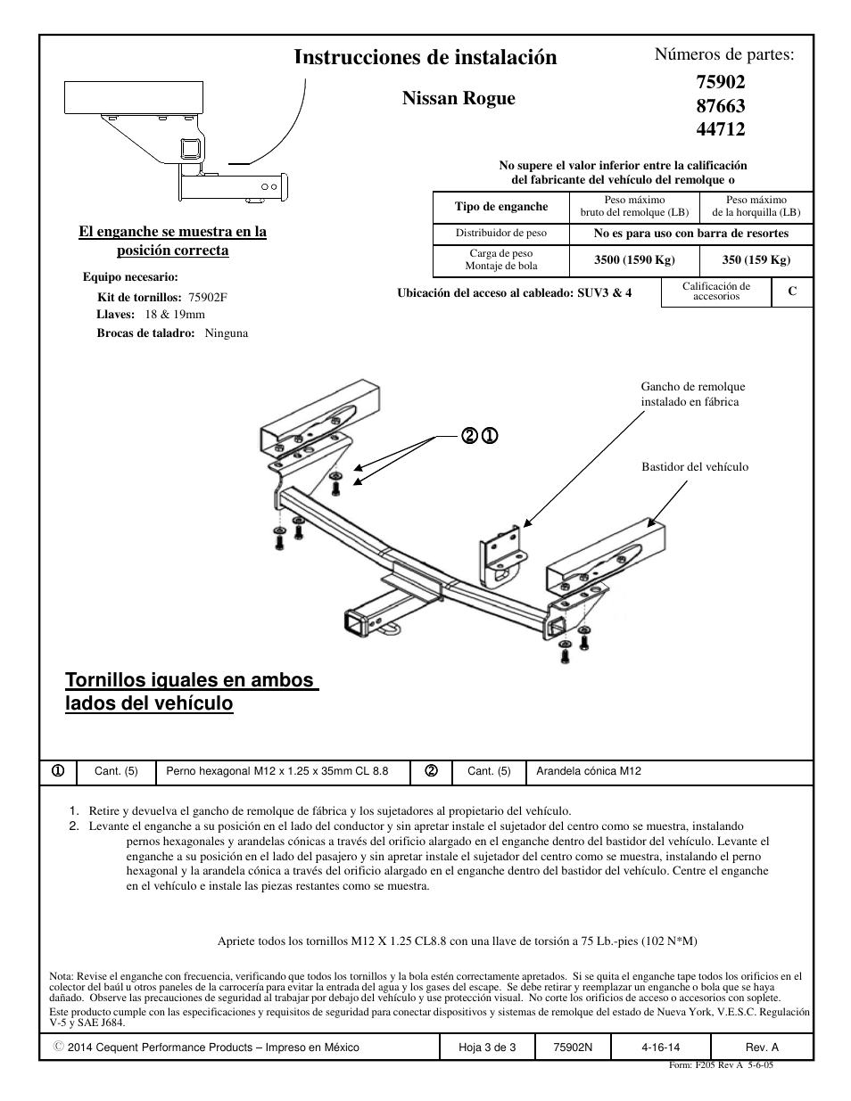 Instrucciones de instalación, Tornillos iguales en ambos lados del vehículo, Nissan rogue | Números de partes | Reese 44712 PROFESSIONAL RECEIVER User Manual | Page 3 / 3