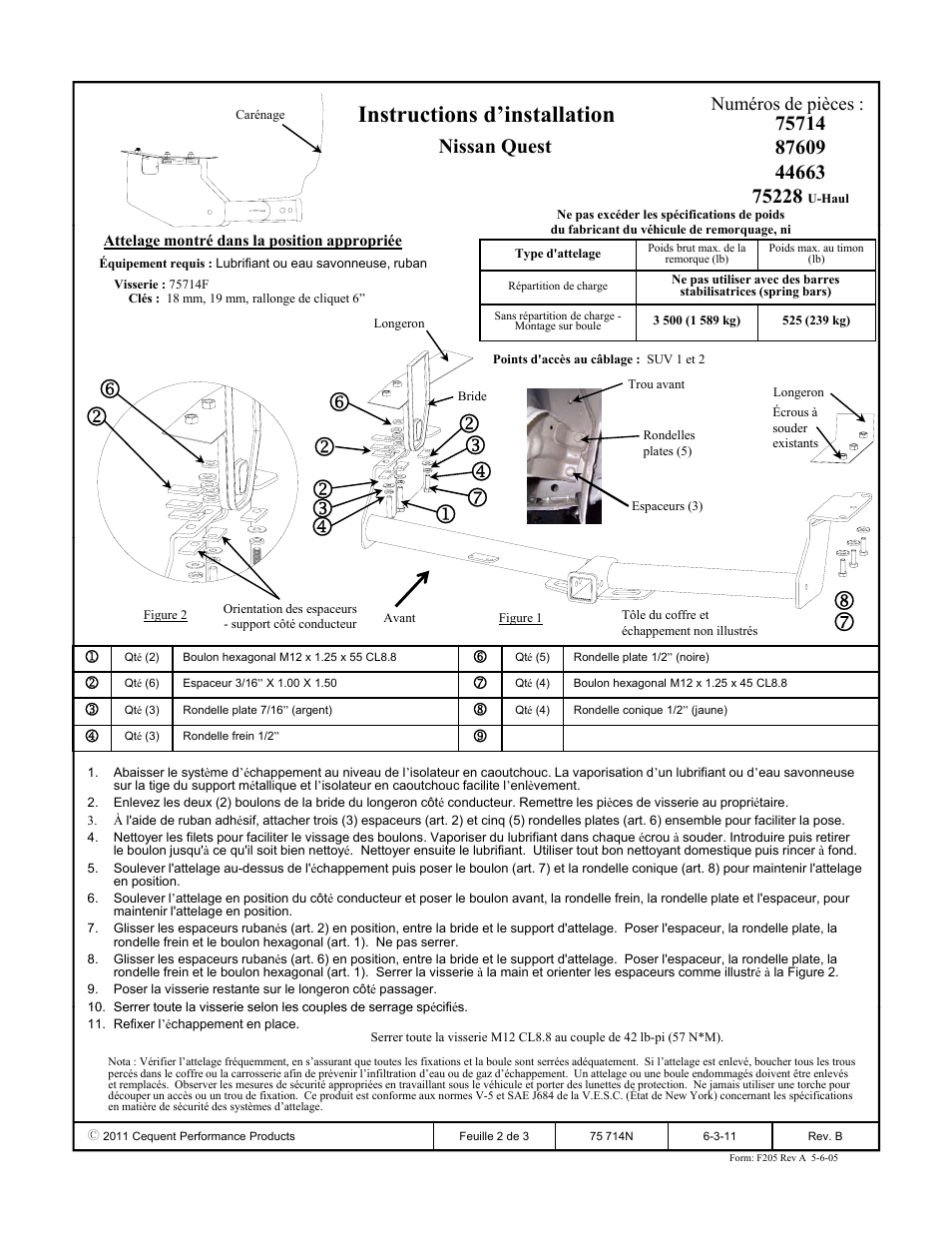 Instructions d’installation, Nissan quest | Reese 44663 PROFESSIONAL RECEIVER User Manual | Page 2 / 3