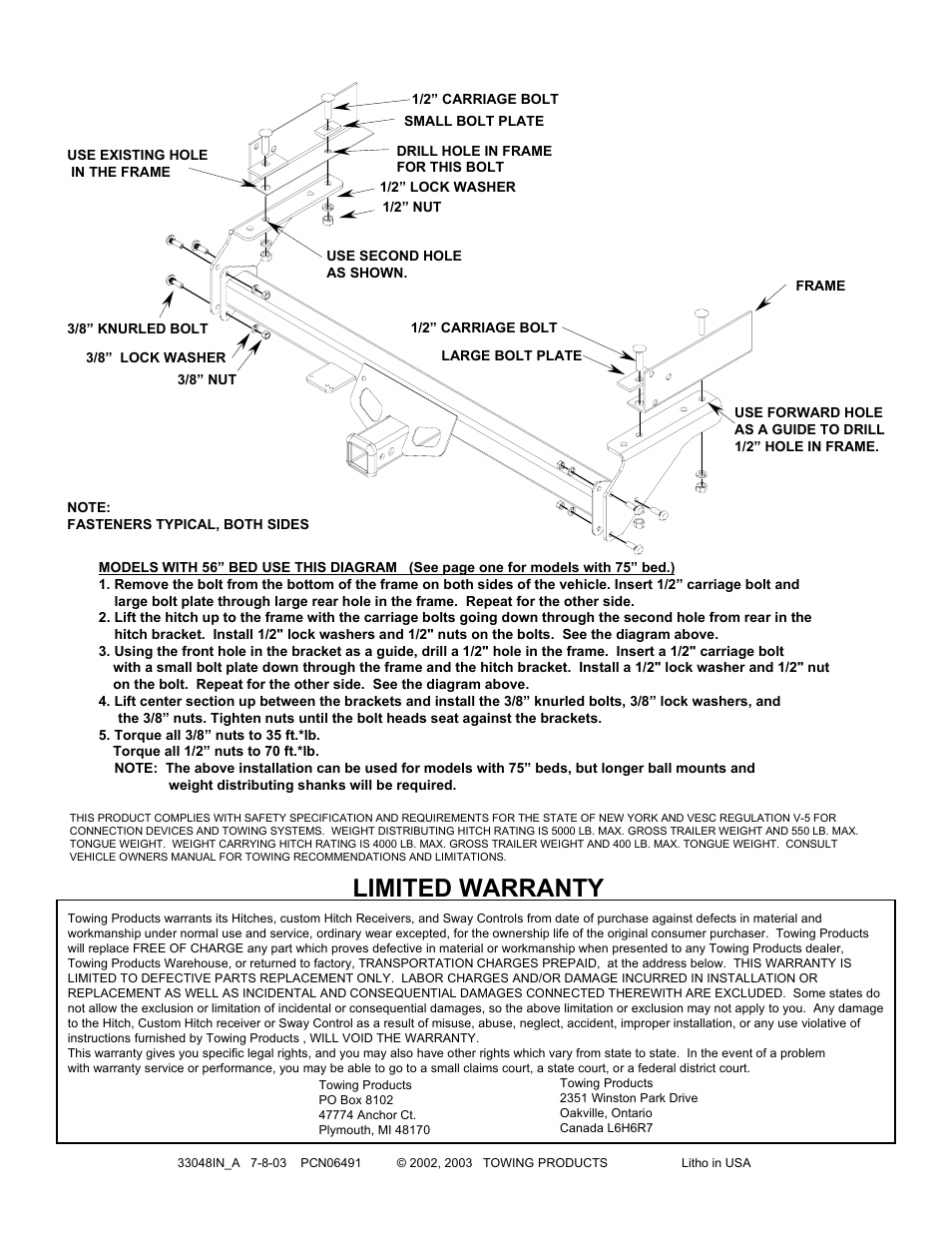 Limited warranty | Reese 33048 PROFESSIONAL RECEIVER User Manual | Page 2 / 2