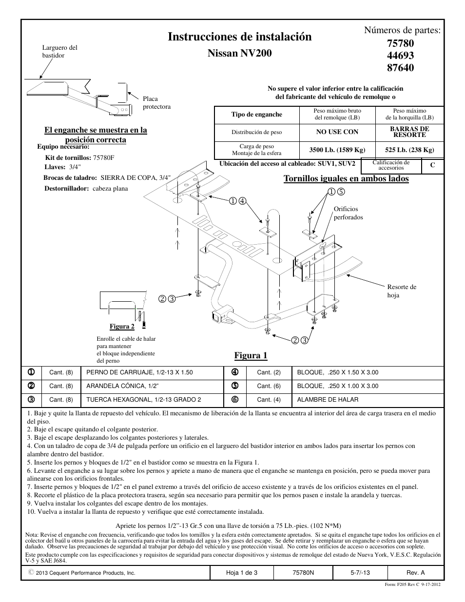 Instrucciones de instalación, Nissan nv200, Números de partes | Reese 44693 PROFESSIONAL RECEIVER User Manual | Page 3 / 3