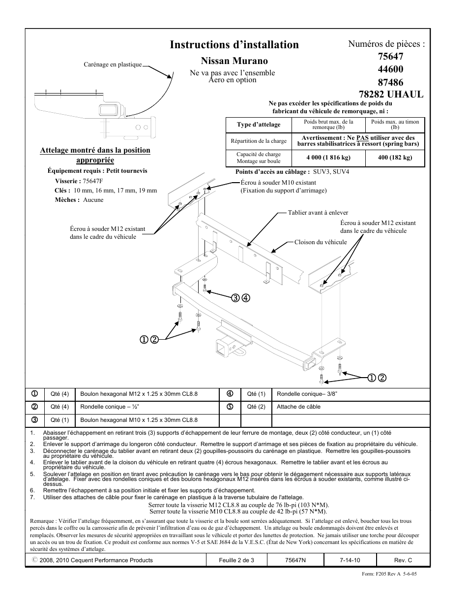 Instructions d’installation, Nissan murano, Numéros de pièces | Reese 44600 PROFESSIONAL RECEIVER User Manual | Page 2 / 3