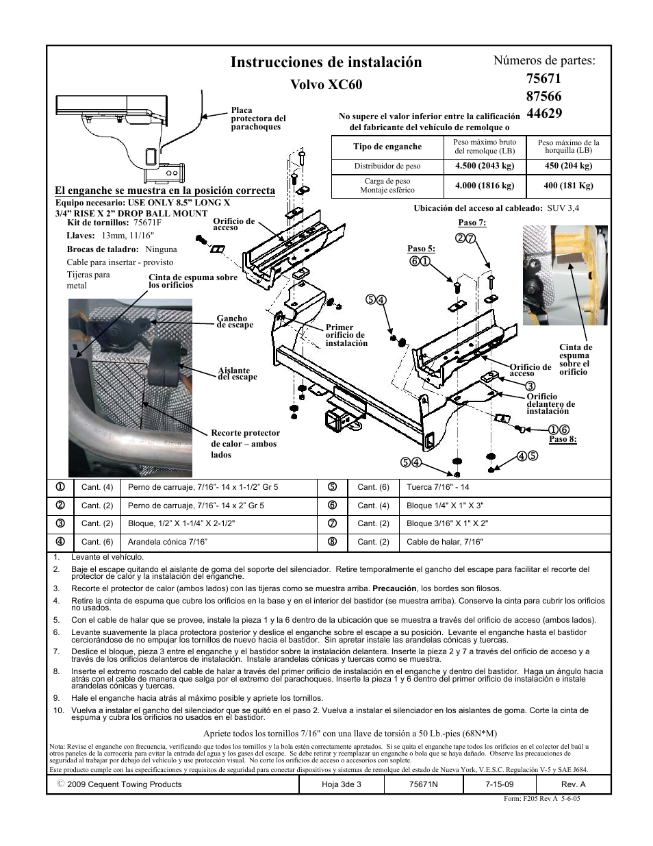 Instrucciones de instalación, Volvo xc60, Números de partes | Reese 44629 PROFESSIONAL RECEIVER User Manual | Page 3 / 3