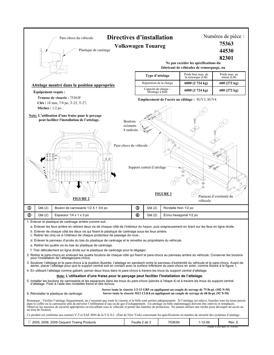 Directives d’installation, Volkswagen touareg, Numéros de pièce | Reese 44530 PROFESSIONAL RECEIVER User Manual | Page 2 / 3