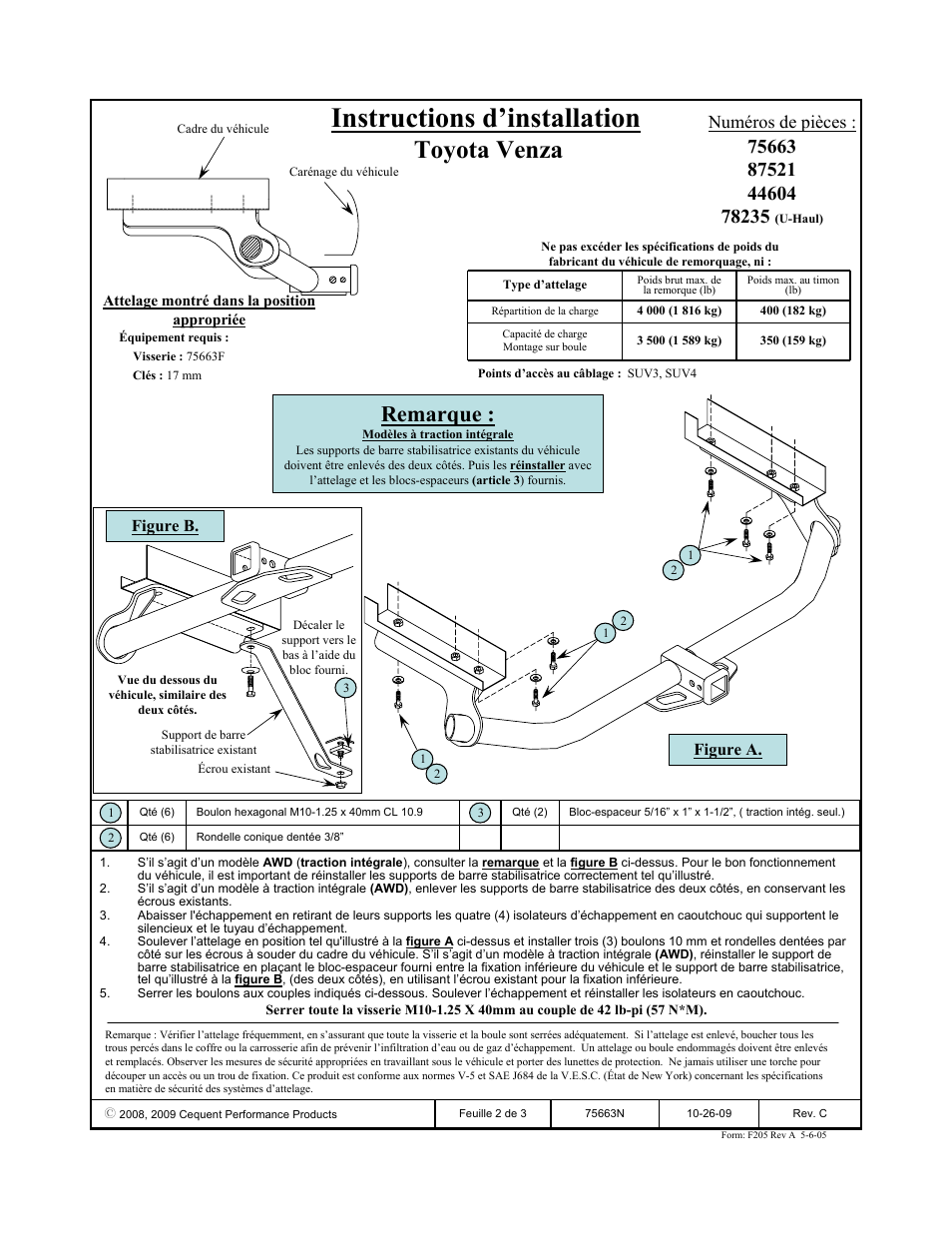 Instructions d’installation, Toyota venza, Remarque | Numéros de pièces | Reese 44604 PROFESSIONAL RECEIVER User Manual | Page 2 / 3