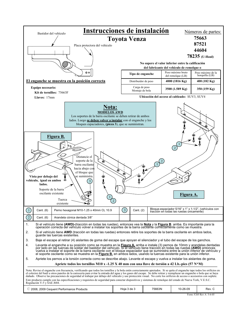 Instrucciones de instalación, Toyota venza, Nota | Números de partes, Figura b, Figura a | Reese 44604 PROFESSIONAL RECEIVER User Manual | Page 3 / 3