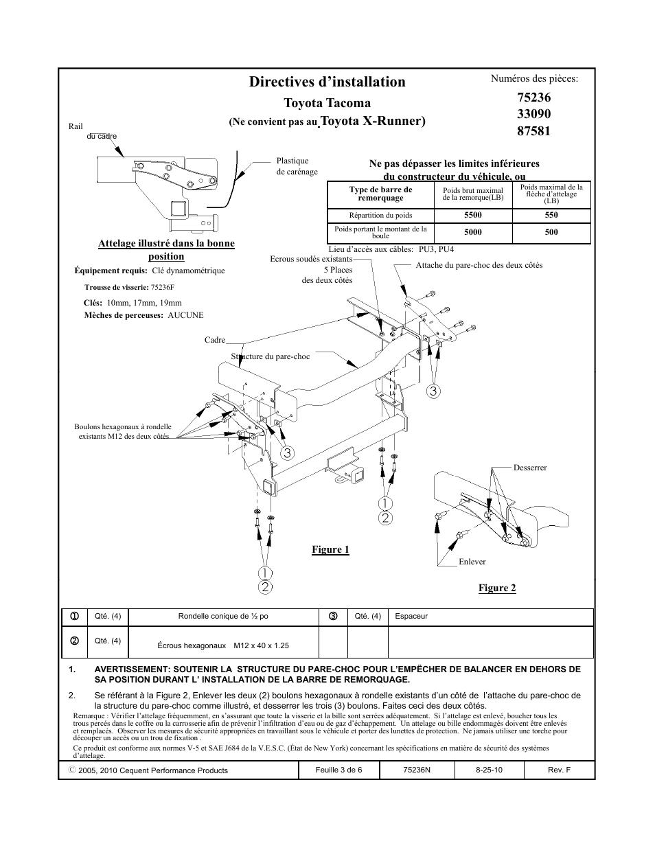 Directives d’installation, Toyota tacoma, Toyota x-runner) | Reese 33090 PROFESSIONAL RECEIVER User Manual | Page 3 / 6