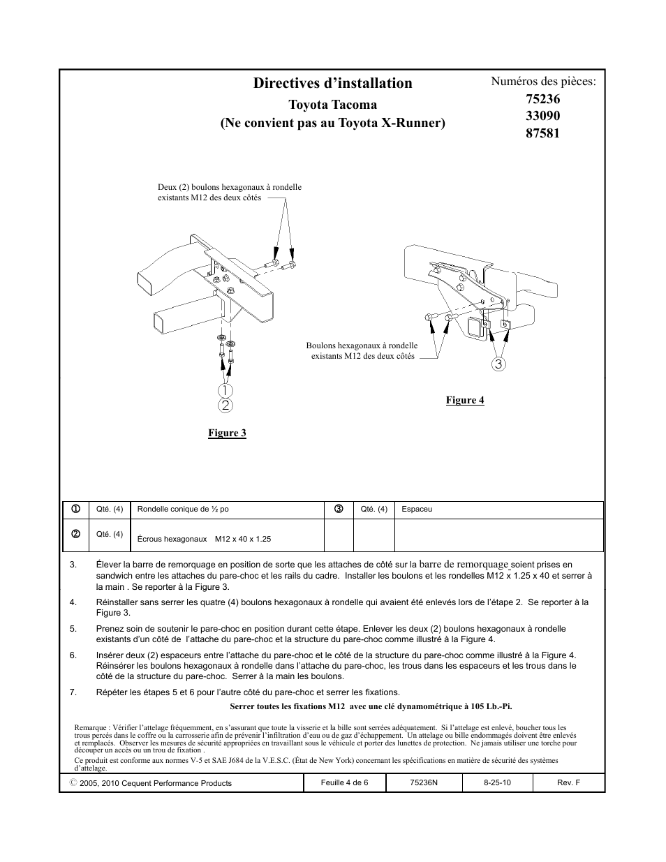 Directives d’installation, Toyota tacoma (ne convient pas au toyota x-runner), Numéros des pièces | Reese 33090 PROFESSIONAL RECEIVER User Manual | Page 4 / 6