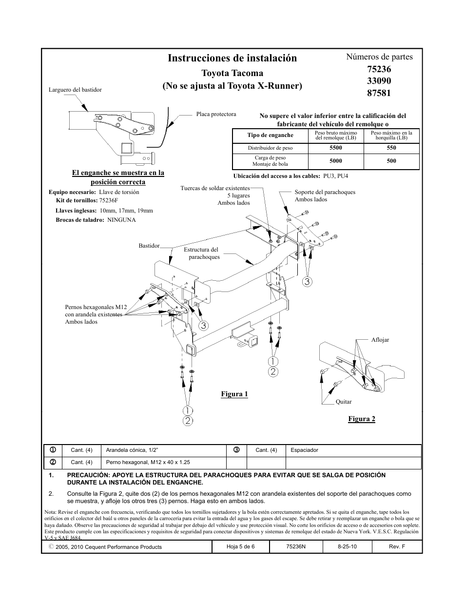 Instrucciones de instalación, Toyota tacoma (no se ajusta al toyota x-runner), Números de partes | Reese 33090 PROFESSIONAL RECEIVER User Manual | Page 5 / 6