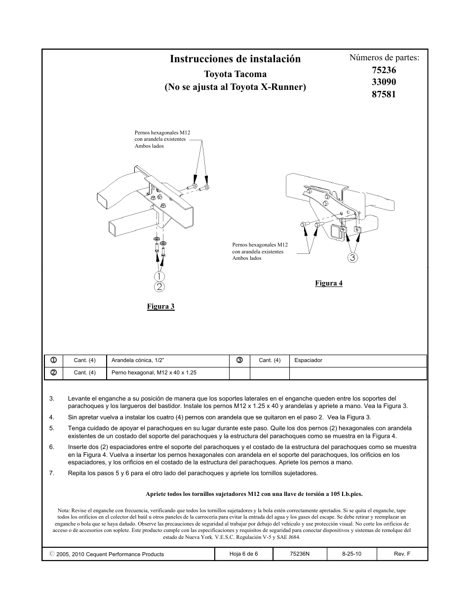 Instrucciones de instalación, Toyota tacoma (no se ajusta al toyota x-runner), Números de partes | Reese 33090 PROFESSIONAL RECEIVER User Manual | Page 6 / 6