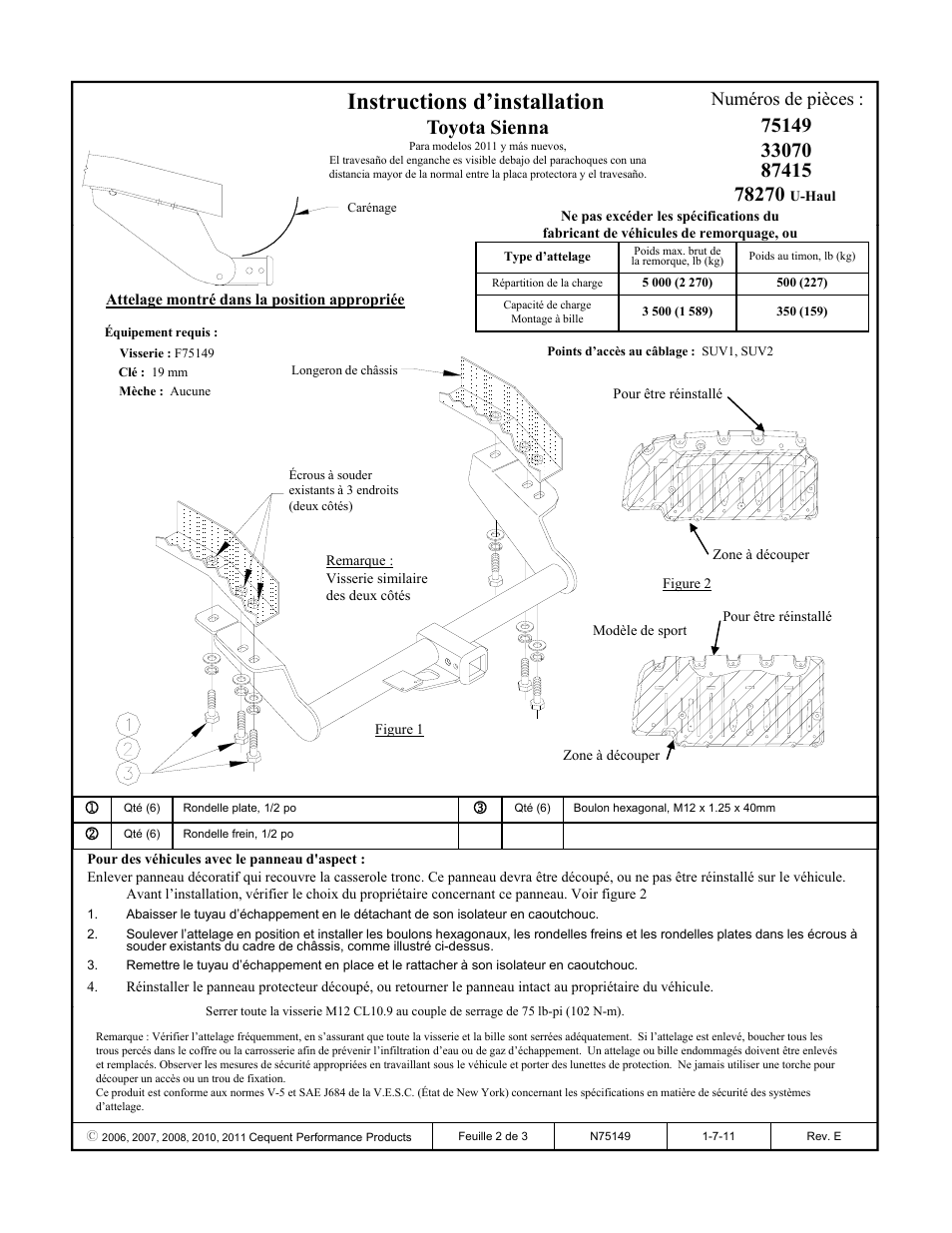 Instructions d’installation, Toyota sienna, Numéros de pièces | Reese 33070 PROFESSIONAL RECEIVER User Manual | Page 2 / 3