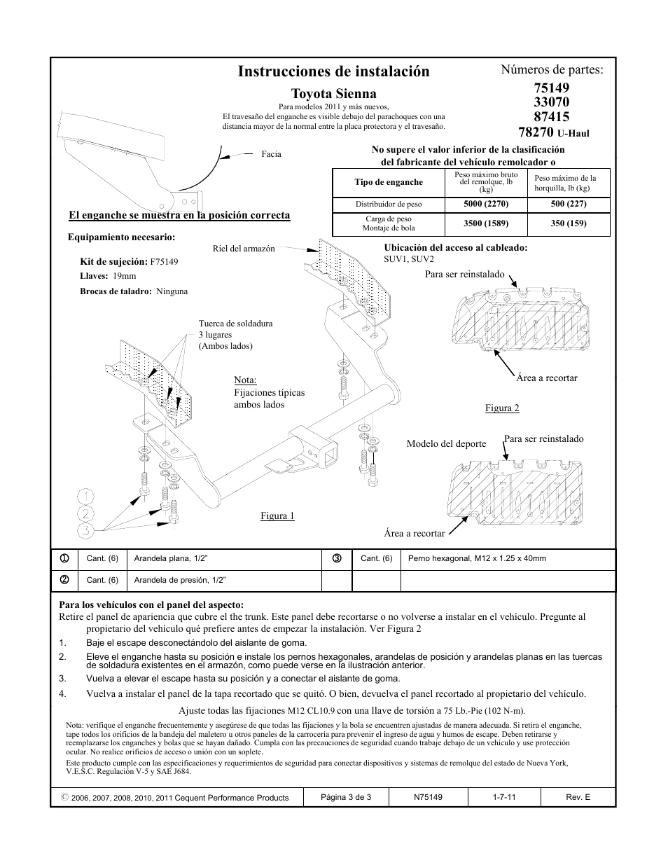 Instrucciones de instalación, Toyota sienna, Números de partes | Reese 33070 PROFESSIONAL RECEIVER User Manual | Page 3 / 3