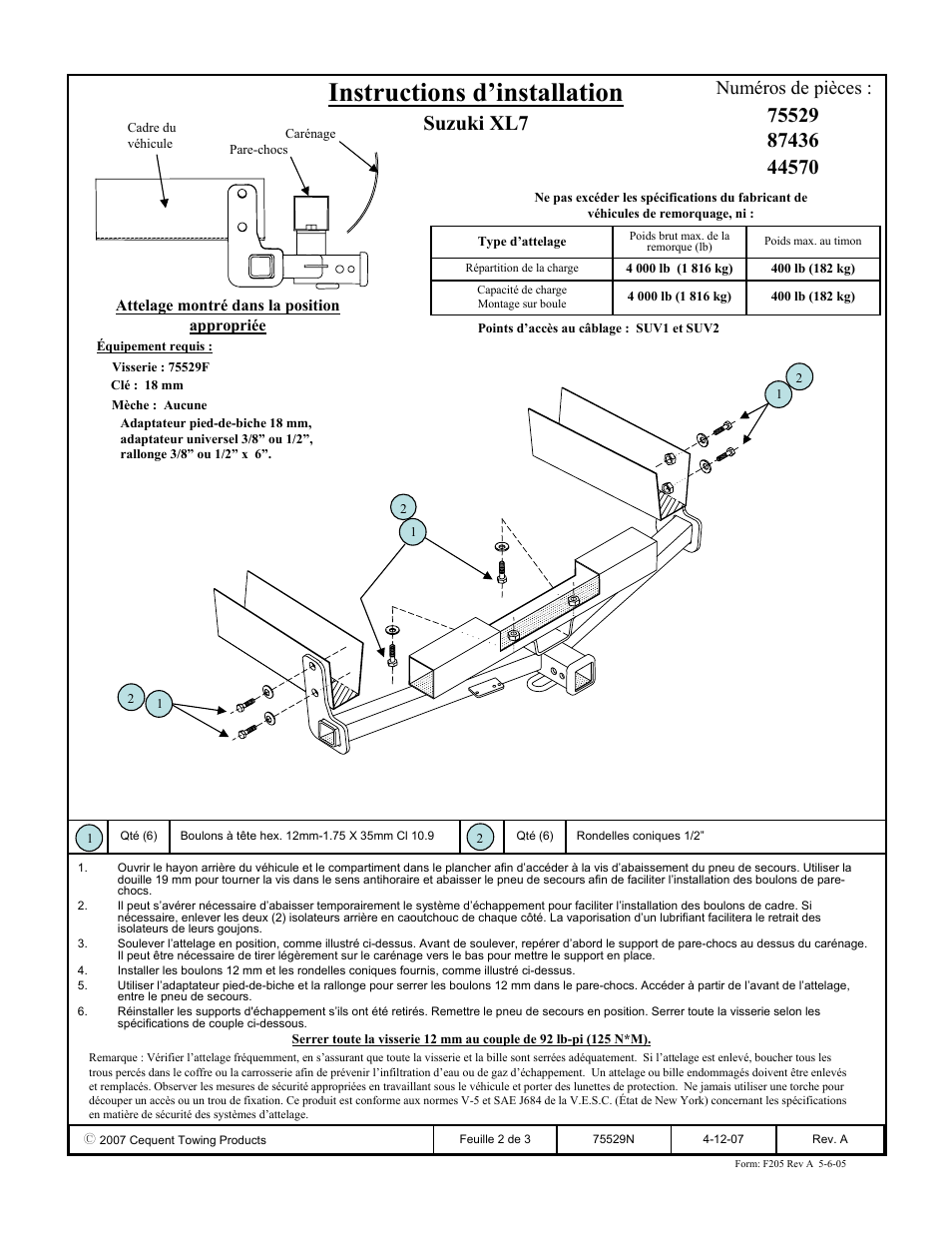 Instructions d’installation, Suzuki xl7, Numéros de pièces | Reese 44570 PROFESSIONAL RECEIVER User Manual | Page 2 / 3