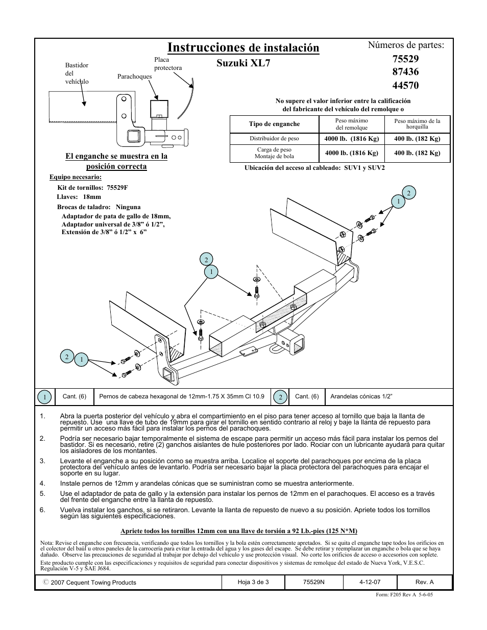 Instrucciones, De instalación, Suzuki xl7 | Números de partes | Reese 44570 PROFESSIONAL RECEIVER User Manual | Page 3 / 3