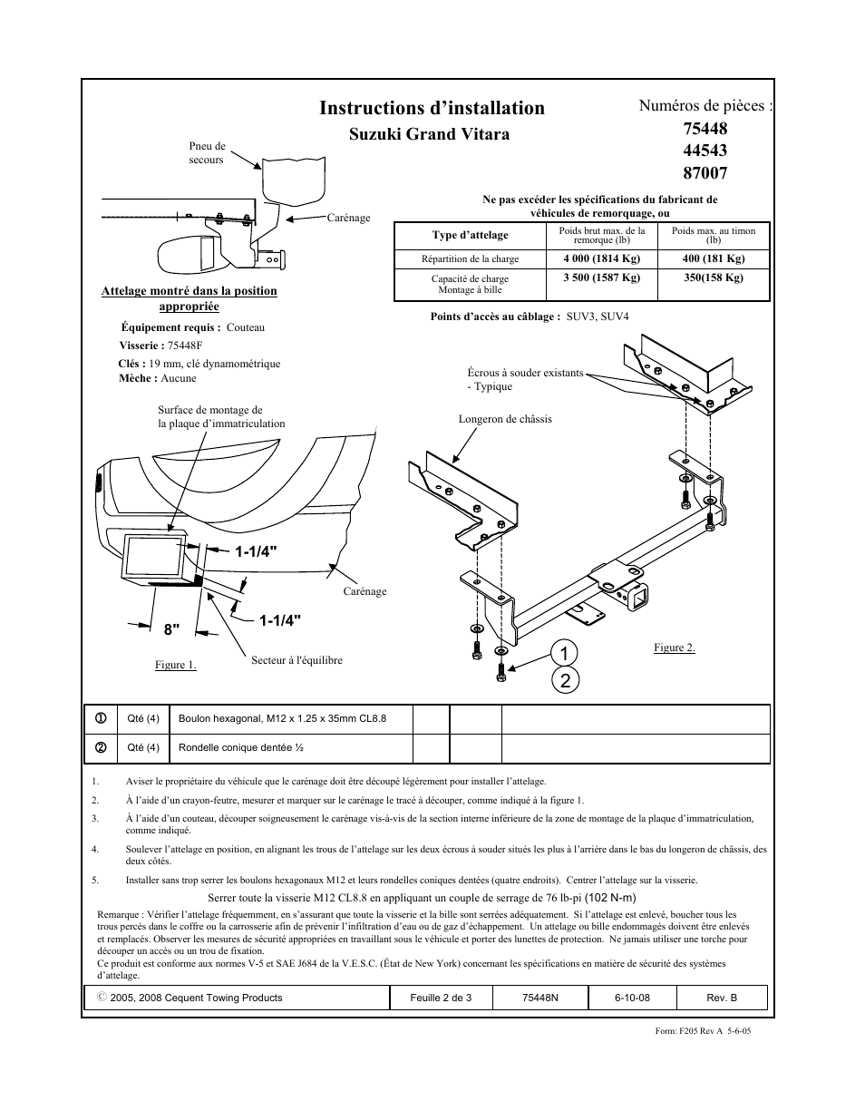 Instructions d’installation, Suzuki grand vitara, Numéros de pièces | Reese 44543 PROFESSIONAL RECEIVER User Manual | Page 2 / 3