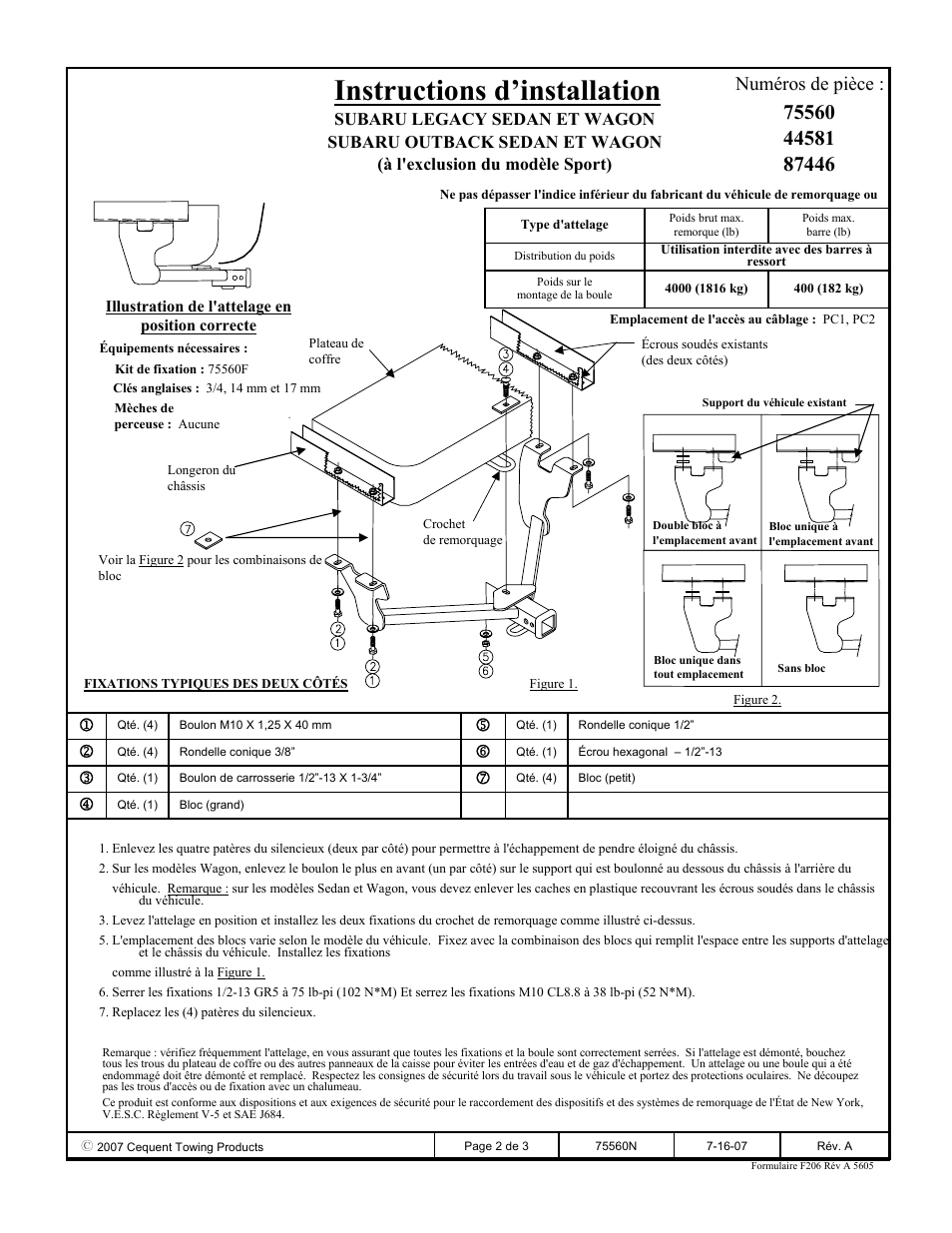 Instructions d’installation, Numéros de pièce | Reese 44581 PROFESSIONAL RECEIVER User Manual | Page 2 / 3