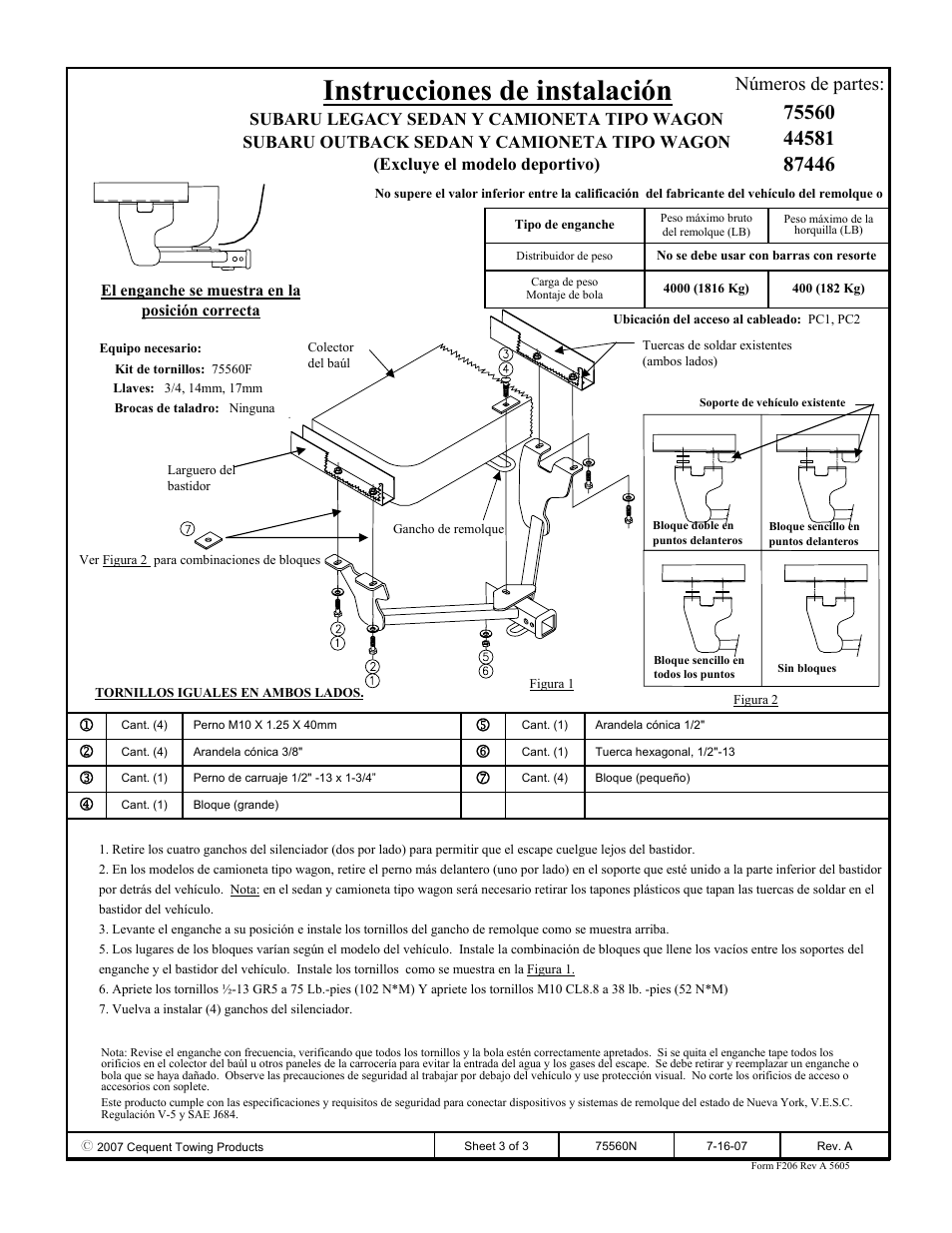 Instrucciones de instalación, Números de partes | Reese 44581 PROFESSIONAL RECEIVER User Manual | Page 3 / 3