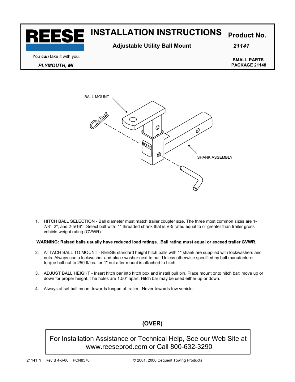 Reese 21141 ADJUSTABLE BALL MOUNT User Manual | 3 pages