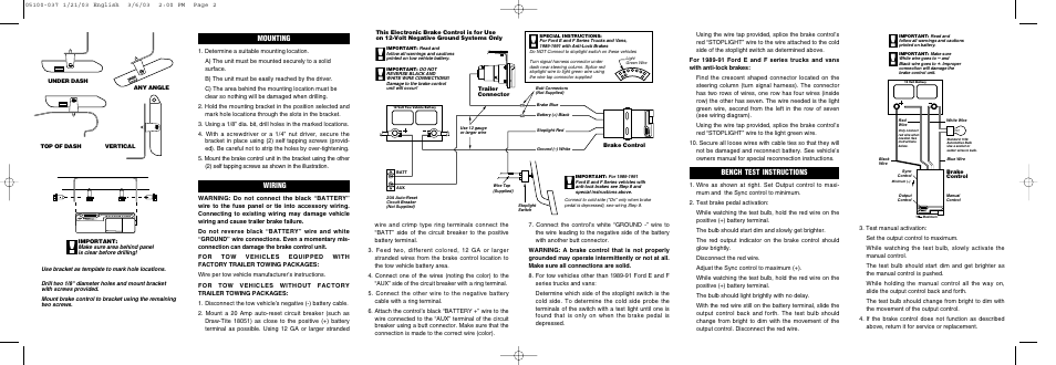Bench test instructions, Mounting, Wiring | Reese 83501 BRAKEMAN COMPACT BRAKE CONTROL User Manual | Page 2 / 6