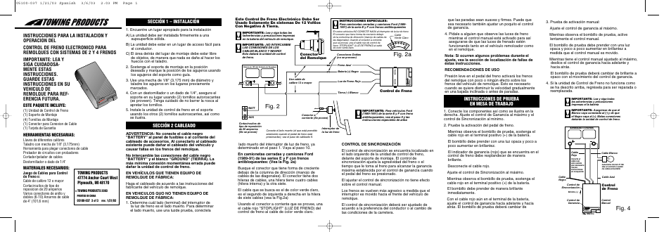 Fig. 2 fig. 2a, Fig. 4, Sección 1 – instalación | Sección 2 cableado, Instrucciones de prueba en mesa de trabajo | Reese 83501 BRAKEMAN COMPACT BRAKE CONTROL User Manual | Page 5 / 6