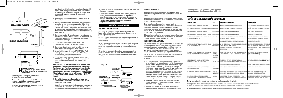 Guía de localización de fallas, Fig. 1 fig. 3, Sección 3 - controles | Problema luz posibles causas solución | Reese 83501 BRAKEMAN COMPACT BRAKE CONTROL User Manual | Page 6 / 6