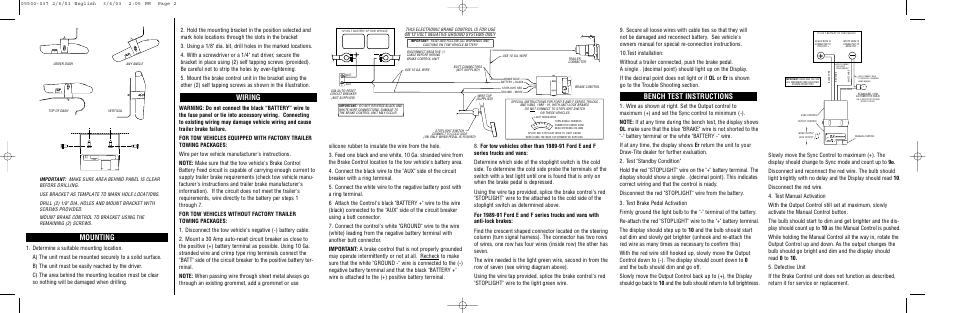 Mounting, Bench test instructions, Wiring | Reese 83500 BRAKEMAN DIGITAL BRAKE CONTROL User Manual | Page 2 / 6