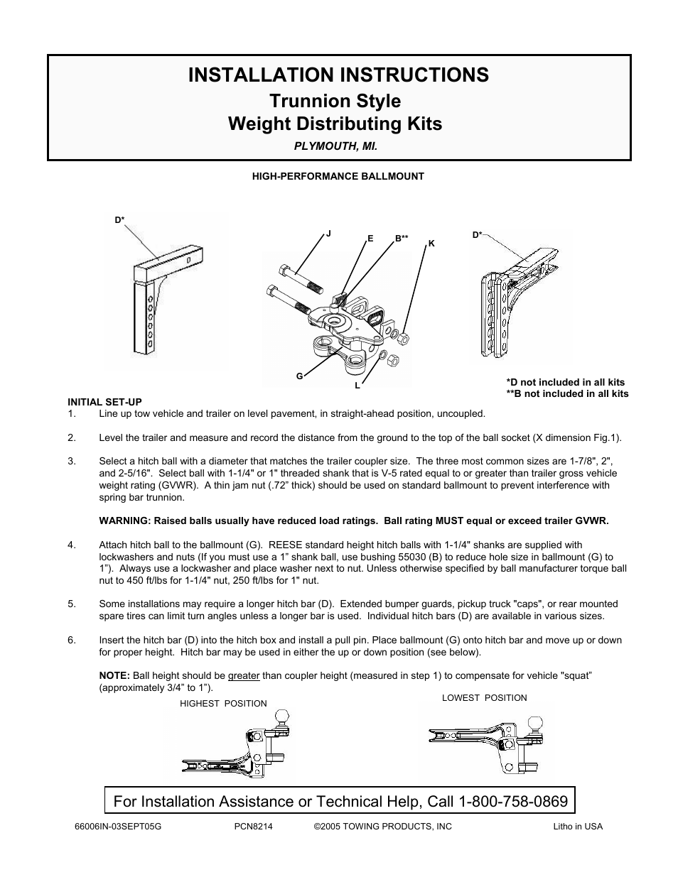 Reese 66022 TRUNNION BAR WT.-DIST. User Manual | 4 pages