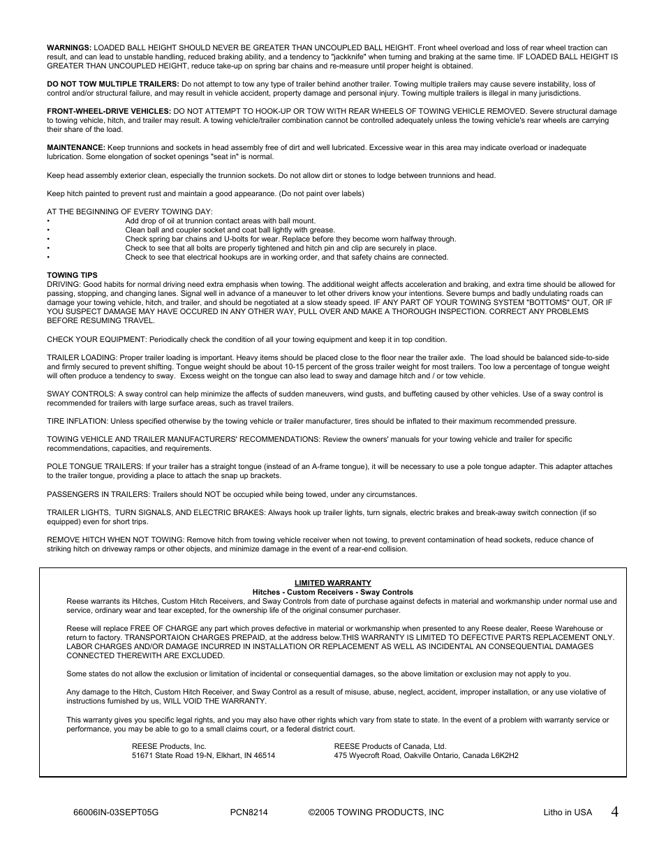 Reese 66541 TRUNNION BAR W_HITCH BAR User Manual | Page 4 / 4