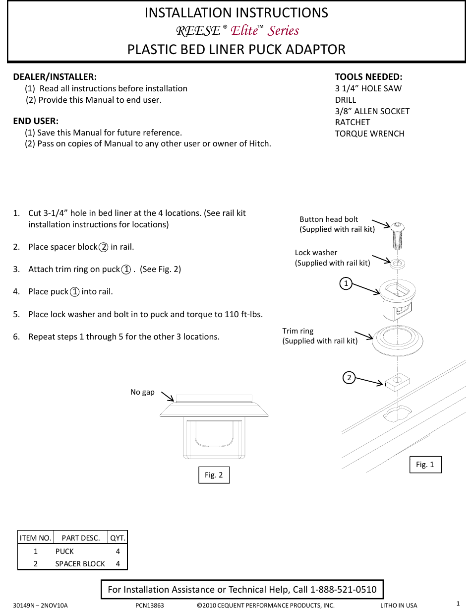 Reese 30149 RAIL KIT ACCESSORY User Manual | 1 page