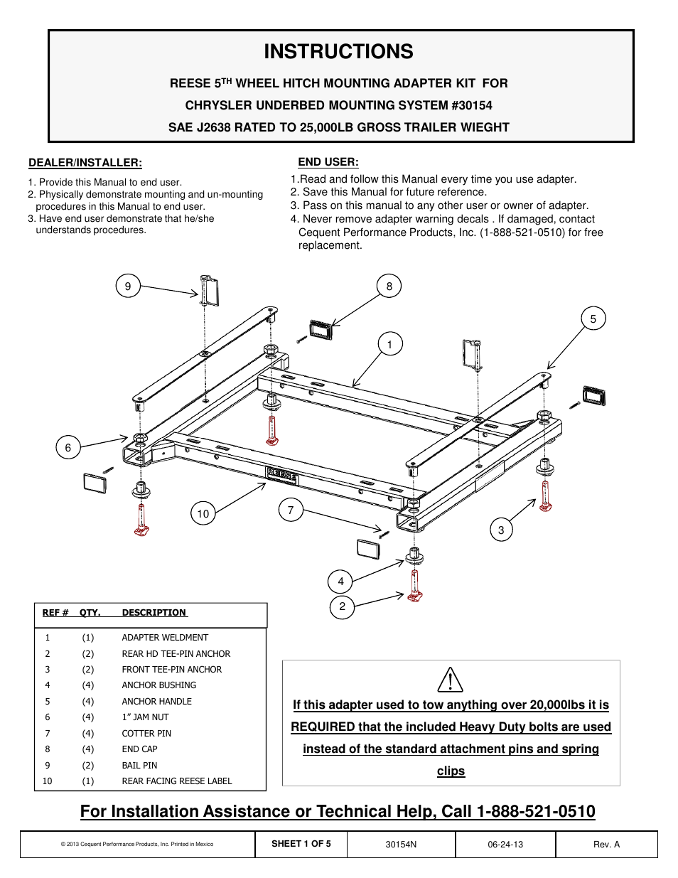 Reese 30154 MOUNTING KIT ADAPTER User Manual | 5 pages