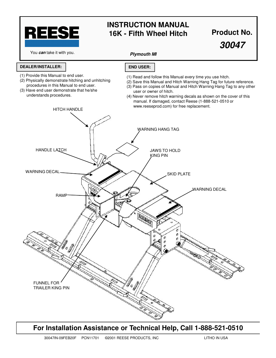 Reese 30047 16K FIFTH WHEEL User Manual | 10 pages