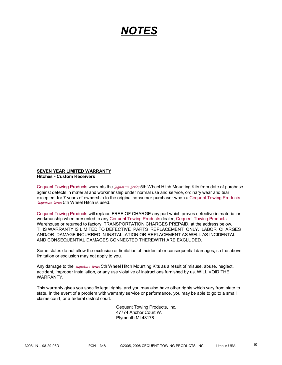 Reese 30061 RAIL KIT User Manual | Page 10 / 10