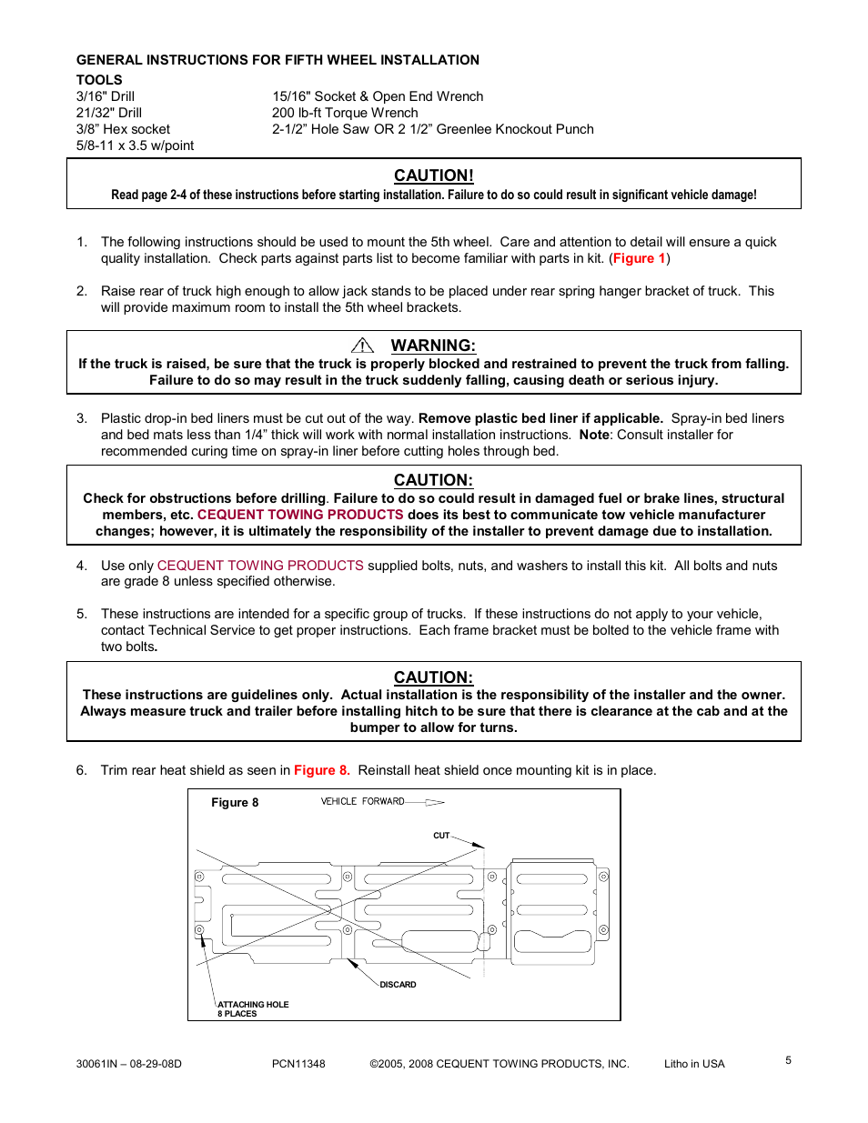 Warning, Caution | Reese 30061 RAIL KIT User Manual | Page 5 / 10