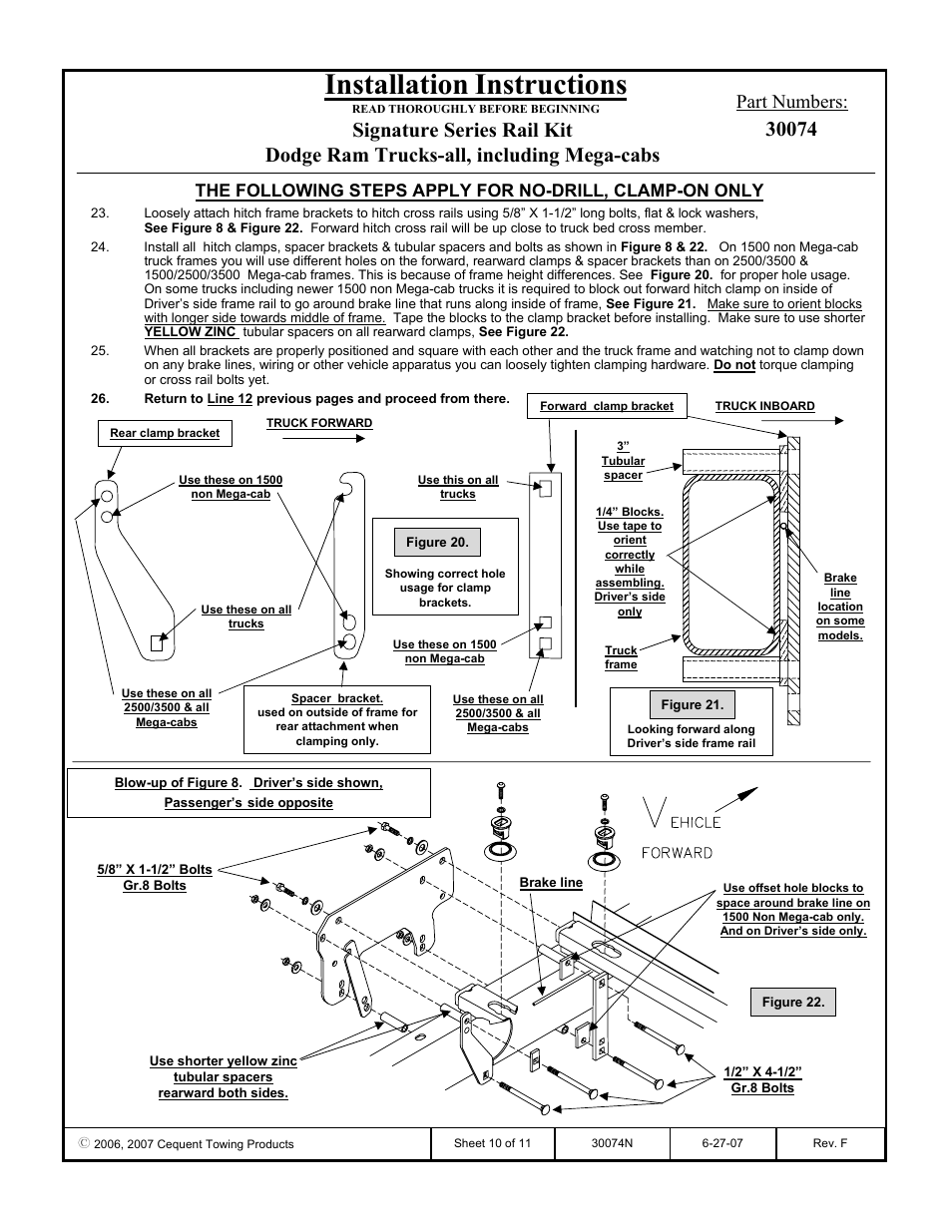 Installation instructions, Part numbers | Reese 30074 RAIL KIT User Manual | Page 10 / 11